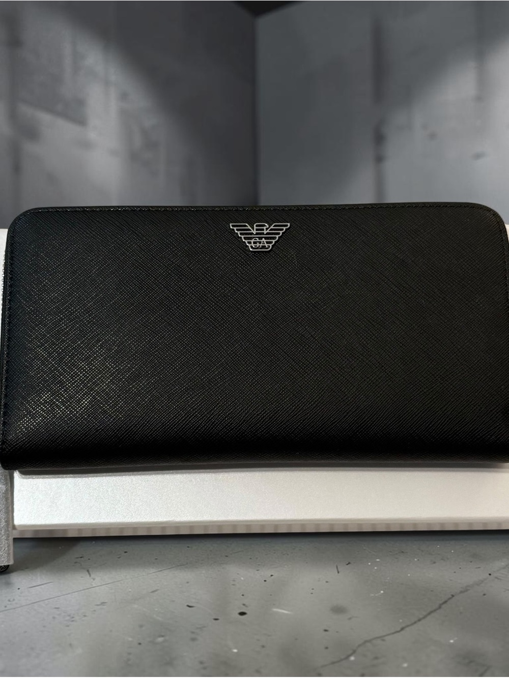 Emporio Armani Black Saffiano Zip Wallet with Silver Eagle Emblem